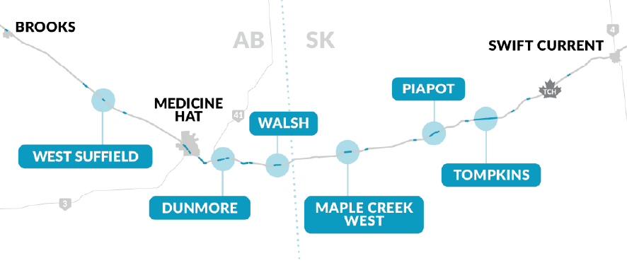 Map of six potential road mitigation sites along the Trans-Canada Highway between Brooks, Alberta and Swift Current, Saskatchewan: West Suffield, Dunmore, Walsh, Maple Creek West, Piapot and Tompkins